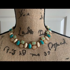 Necklace - gold tones with teal,mint,ivory stones